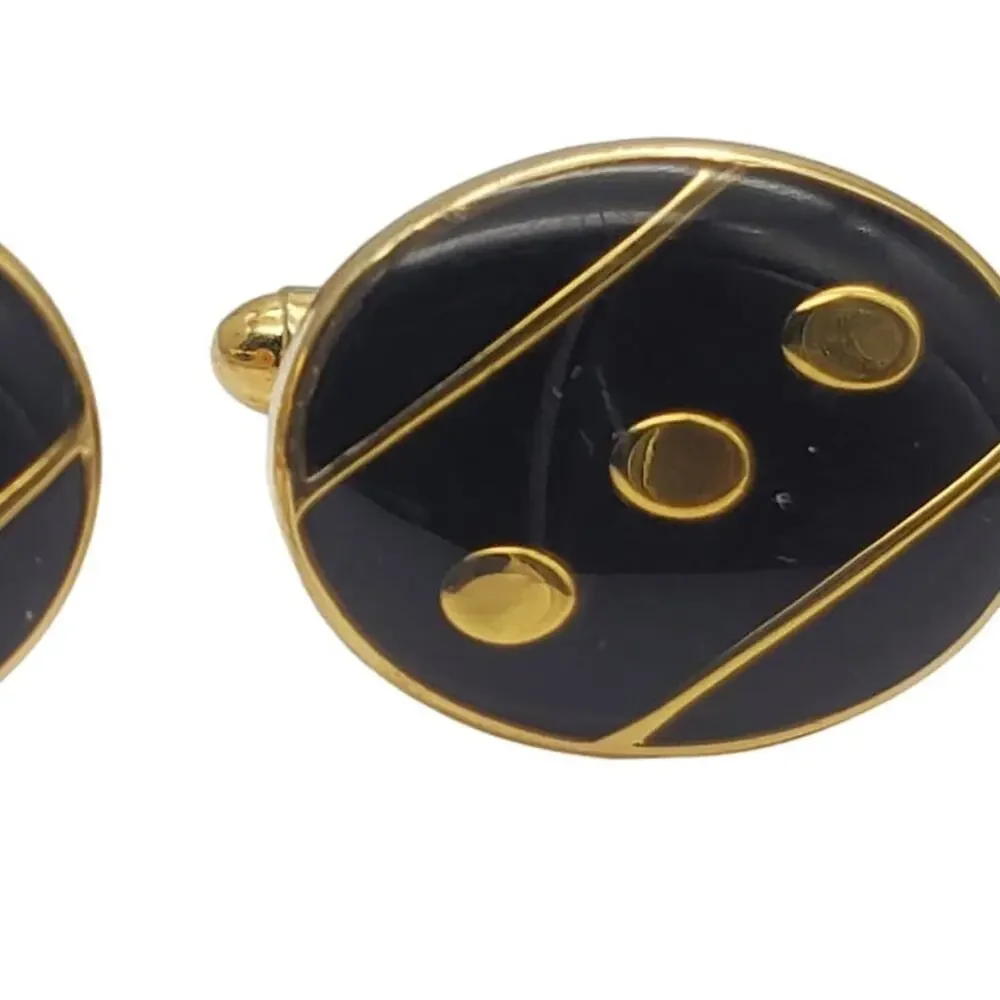 Oval Black Enamel Cufflinks Gold Tone Dot Stripe Deco Retro Vintage Mens Jewelry